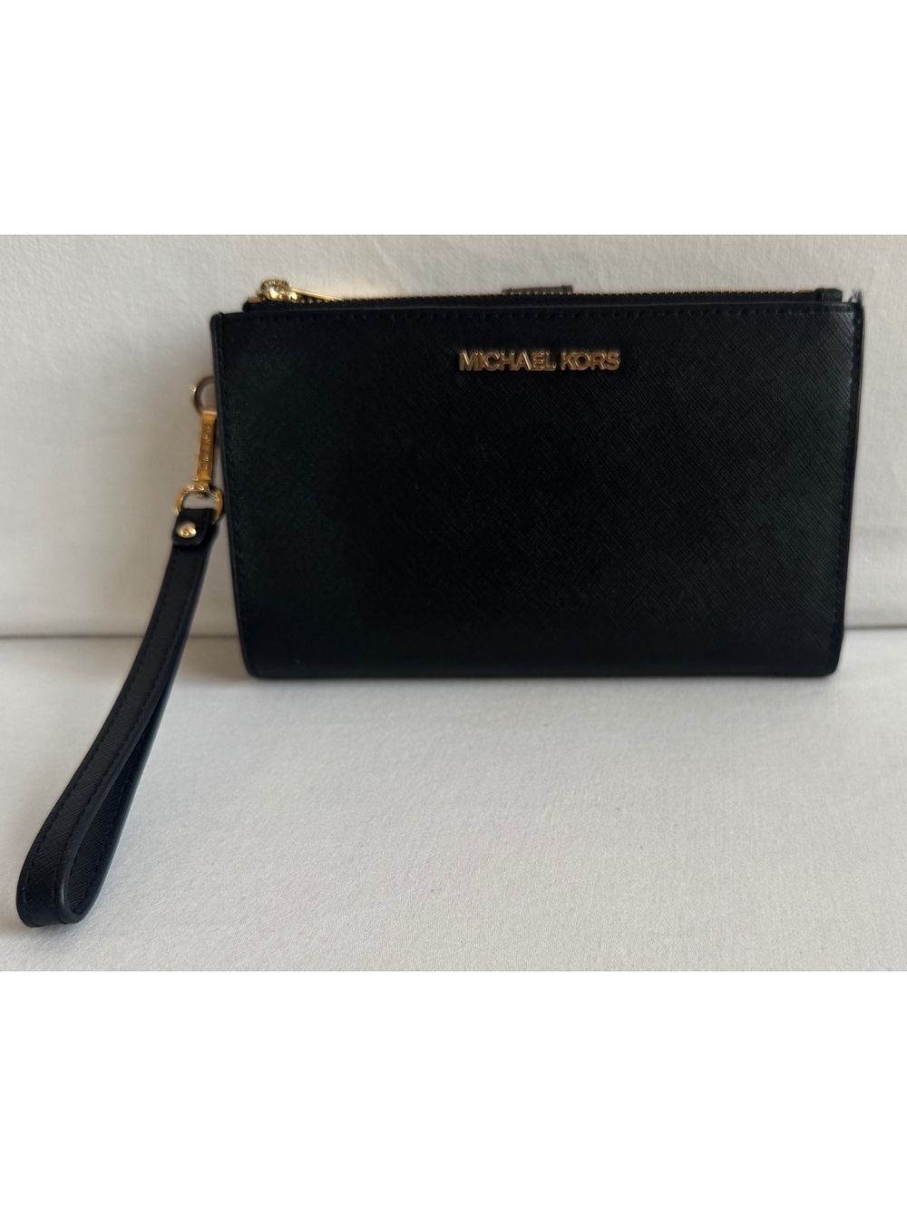 Michael Kors Jet Set Travel Double Zip Wristlet Black Leather Gold Hardware